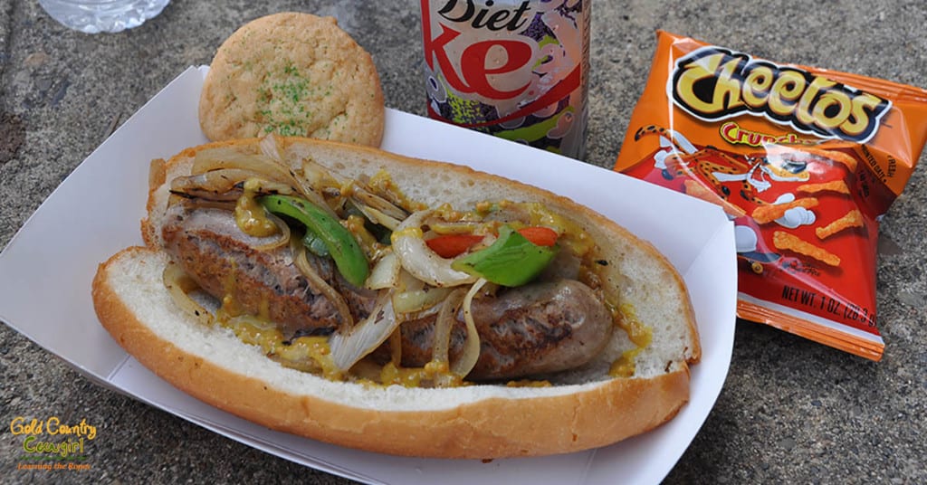 Lunch from Mother Lode Deli - Italian sausage sandwich, chips, cookie and a drink