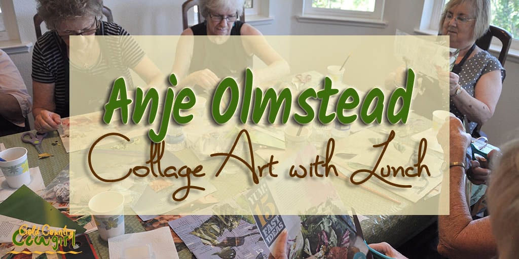 Local artist Anje Olmstead brought her collage art class to a lunch meeting of our Saucy Sisters cooking group. Learn more about Anje Olmstead and her art.