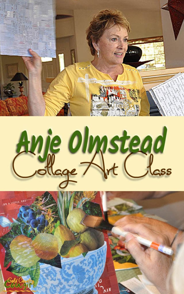 Local artist Anje Olmstead brought her collage art class to a lunch meeting of our Saucy Sisters cooking group. Learn more about Anje Olmstead and her art.