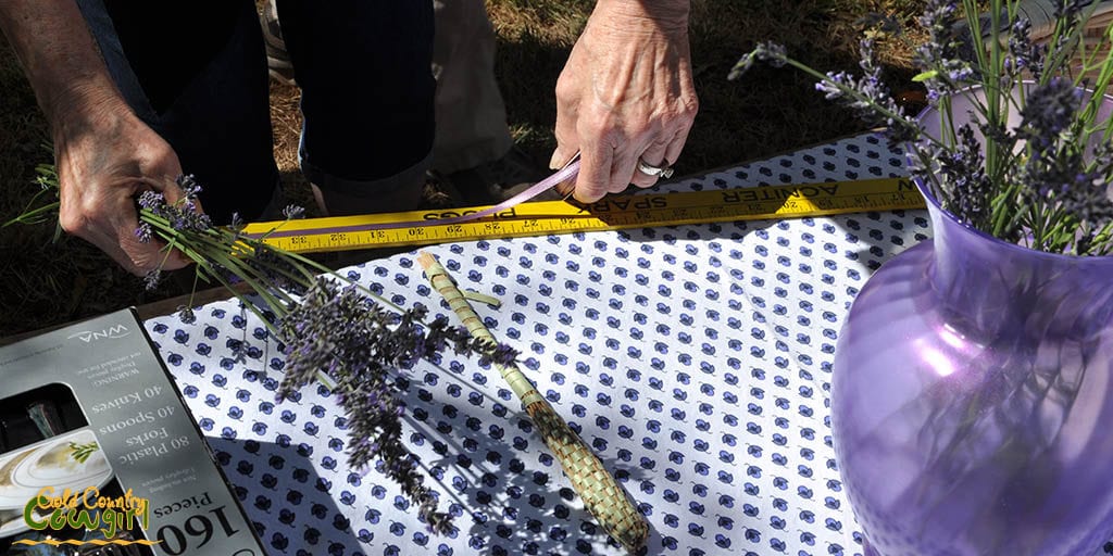 Measuring the ribbon for our lavender wands