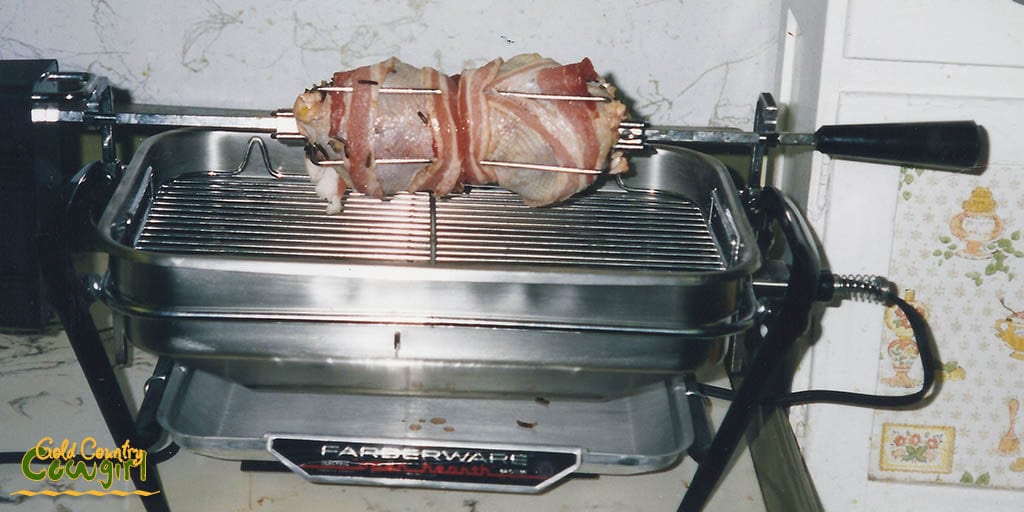 Home raised chukar on the electric rotisserie before