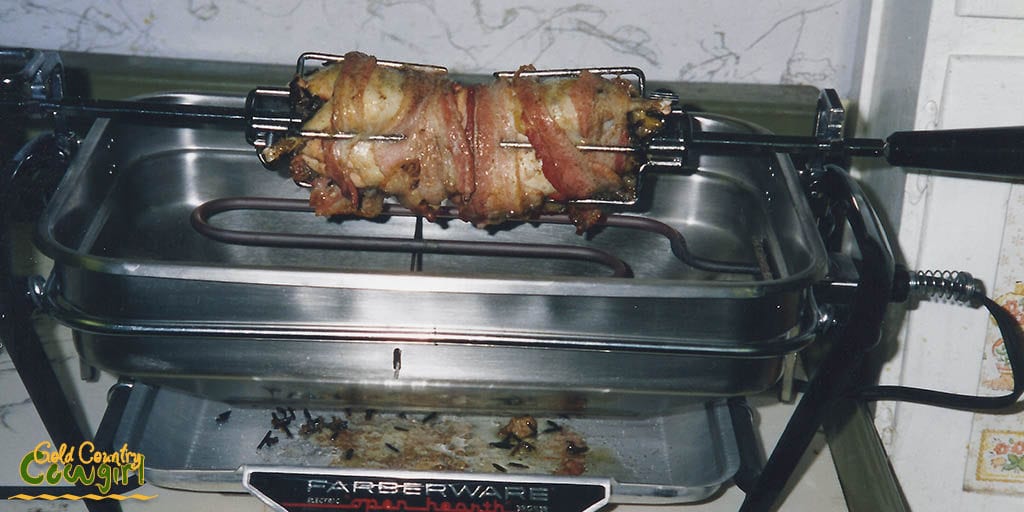 Home raised chukar on the electric rotisserie after