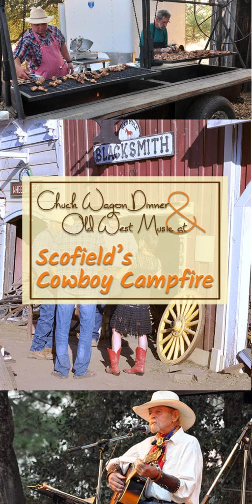 three scenes from Scofield's Cowboy Campfire with text overlay