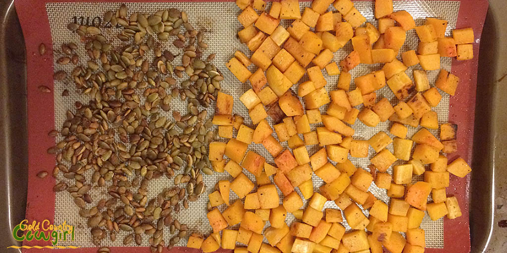 Roasted squash and pumpkin seeds for pasta with pumpkin cream