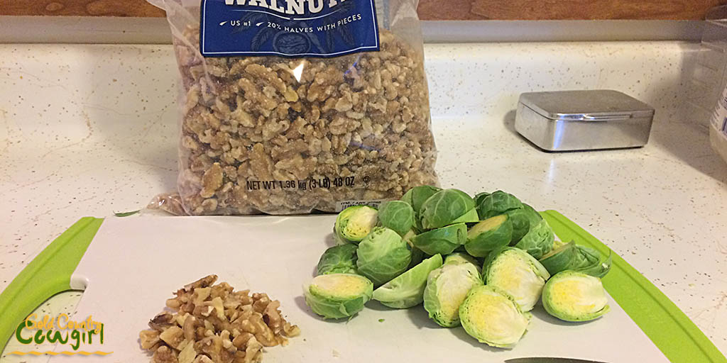 Prepped Brussels sprouts and walnuts