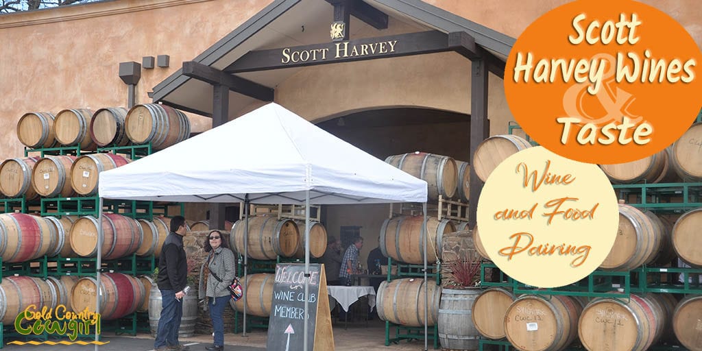 front of Scott Harvey Wines with lots of barrels and text overlay: Scott Harvey Wines & Taste Wine and Food Pairing