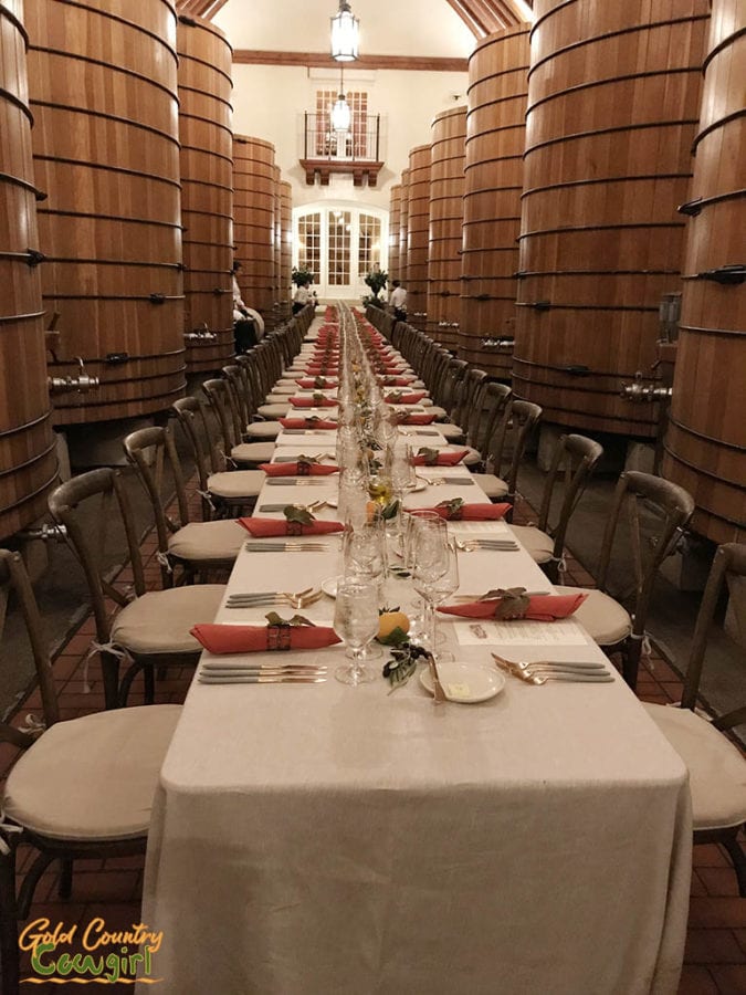 Tables set up in tank room at Jordan Winery