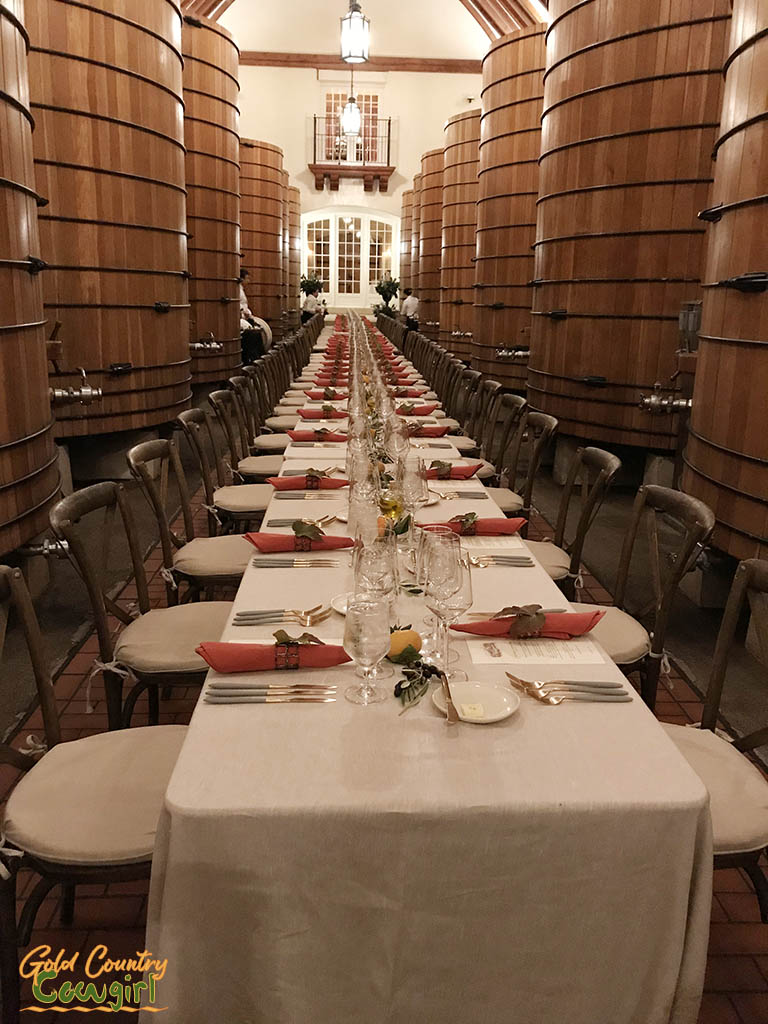 Table in barrel room at Jordan Winery
