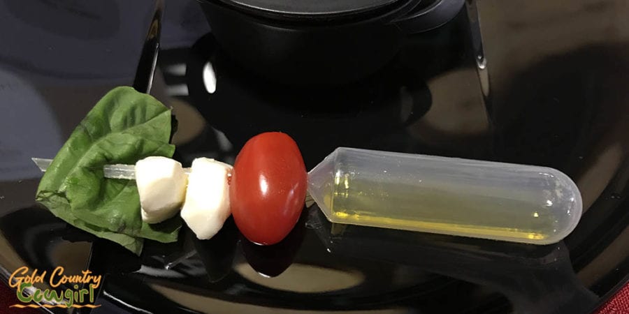 OGP Zinfandel Weekend, Shenandoah Valley, Plymouth, CA - tomato, mozzarella, basil skewer with olive oil pipette