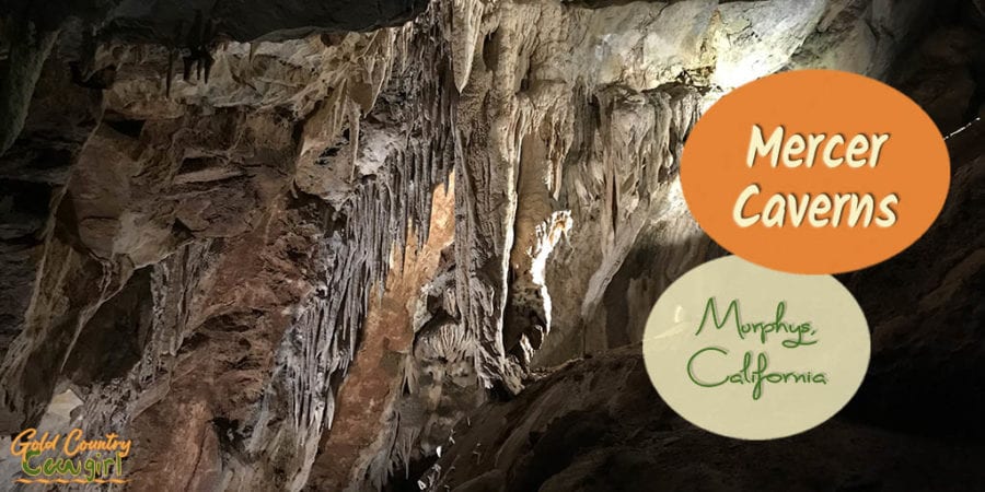 photo of formations inside Mercer Caverns with text overlay: Mercer Caverns Murphys, California