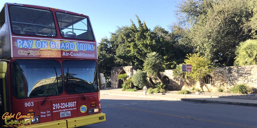 Hop-on, hop-off bus parked next to the Alamo