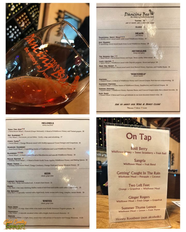 Wine glass and menus at Walker Honey Farm and Dancing Bee Winery