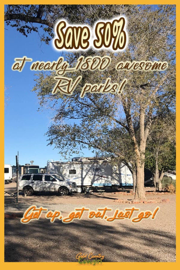 RV in campground with text overlay: save 50% at nearly 1800 awesome RV parks