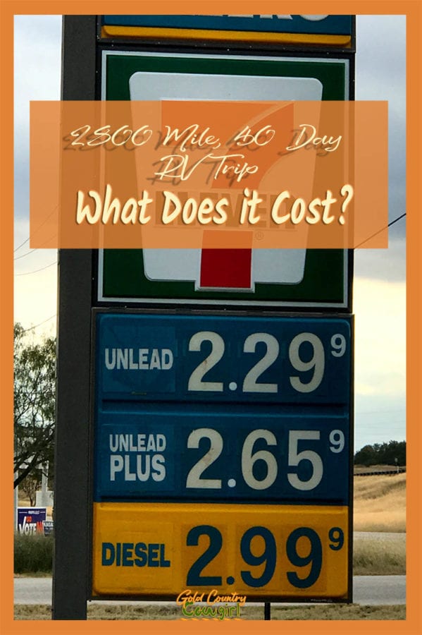 photo of gas prices sign with text overlay: 2800 mile, 40 day RV trip - what does it cost?