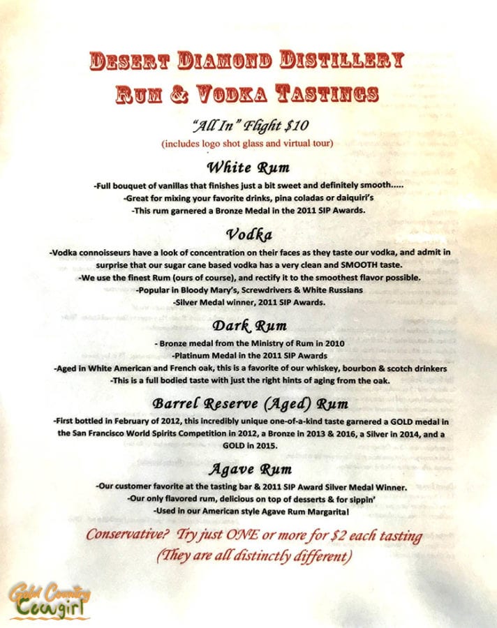 Desert Diamond Distillery tasting menu