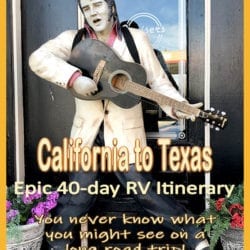 statue of Elvis with text overlay: California to Texas Epic 40-day RV Itinerary
