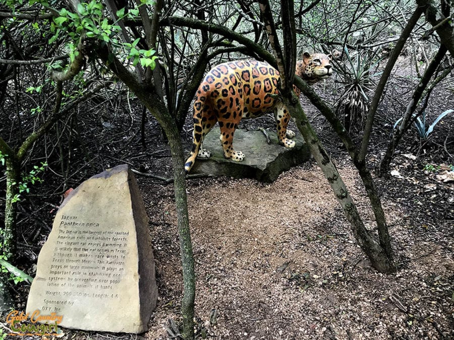 bronze sculpture of jaguar in the bushes