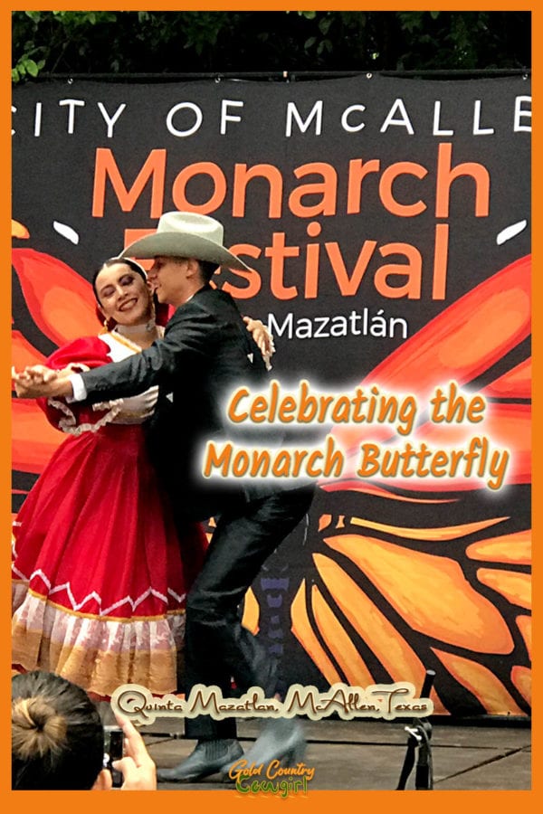 dancers in front of the Monarch Festival sign at Quinta Mazatlan