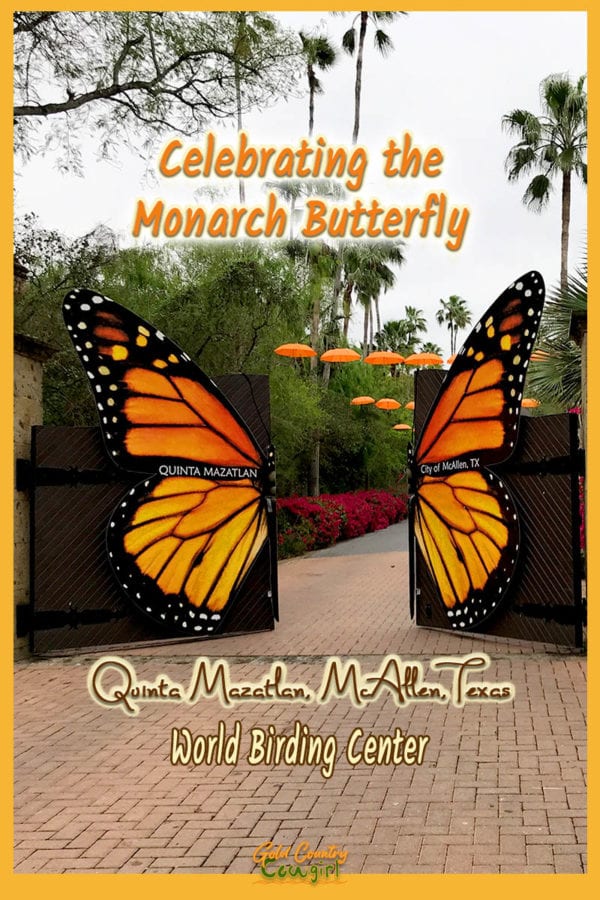 entry gate to Quinta Mazatlan with large monarch butterfly