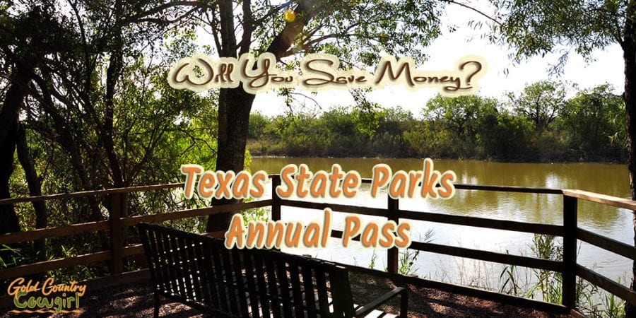 bench overlooking lake with text overlay Texas State Parks Annual Pass