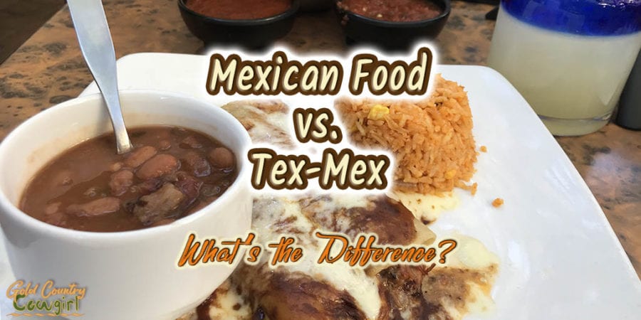 Beans, enchiladas and rice with text overlay: Mexican Food vs. Tex-Mex, What's the Difference?