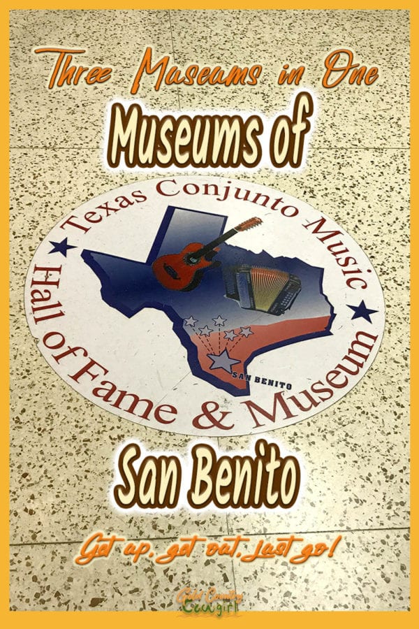 floor decal with text overlay: Three Museums in One, Museums of San Benito, Get up, get out, just go!