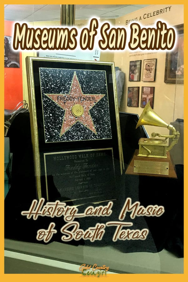 Freddy Fender's Grammy & Hollywood star with text overlay: Museums of San Benito, History and Music of South Texas