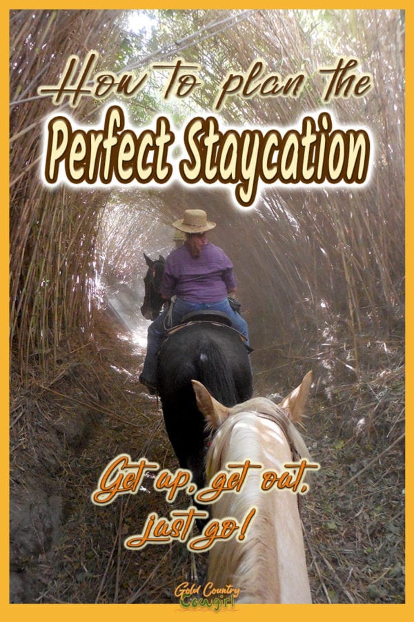 horseback rider with text overlay: How to plan the perfect staycation. Get up, get out, just go!