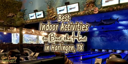 large aquarium and bowling lanes with text overlay: Best indoor activities to beat the heat in Harlingen, TX