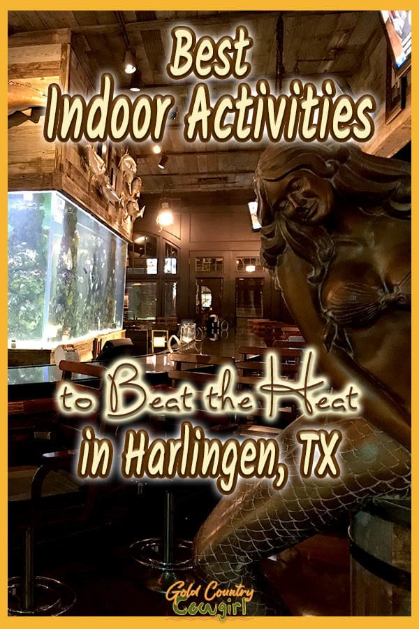 mermaid statue, long bar and fish tank with text overlay: Best Indoor Activities to beat the heat in Harlingen, TX