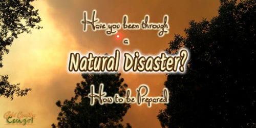 glowing orance sun shining through dark clouds from a wildfire with text overlay Have you been through a natural disaster? How to be Prepared