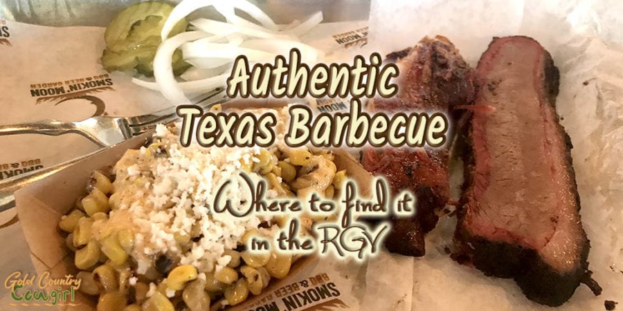 typical authentic Texas barbecue plate with text overlay: Authentic Texas Barbecue Where to find it in the RGV