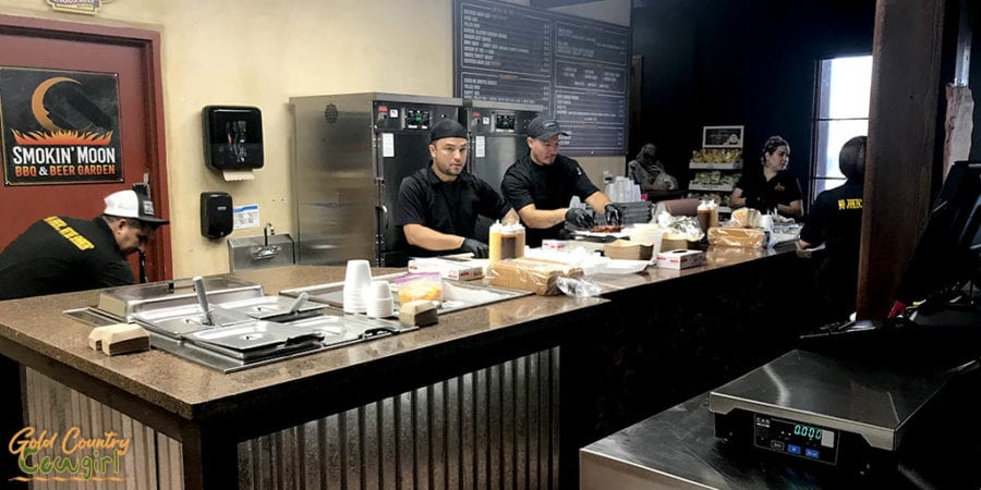 Typical authentic Texas barbecue serving line at Smokin' Moon