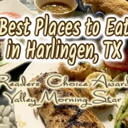 a seafood dinner with text overlay: Best places to eat in Harlingen, TX Readers' Coice Awards Valley Morning Star