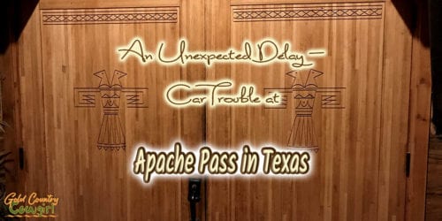 carved entry doors with text overlay: An unexpected delay - car trouble at Apache Pass in Texas