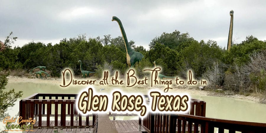 View of pond with dinosaurs overlooking it. Text overlay: Discover all the best things to do in Glen Rose, Texas