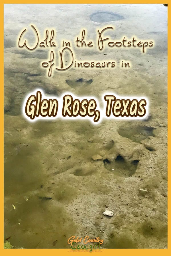 dinosaur tracks in river with text overlay: Walk in the footsteps of dinosaurs in Glen Rose, Texas