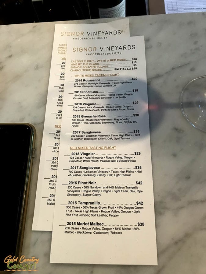 Signor Vineyards wine tasting menu