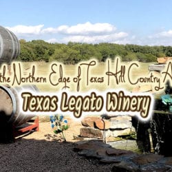 barrels and a waterfall in front of large grassy field with text overlay: Visit the northern edge of Texas Hill Country AVA Texas Legato Winery