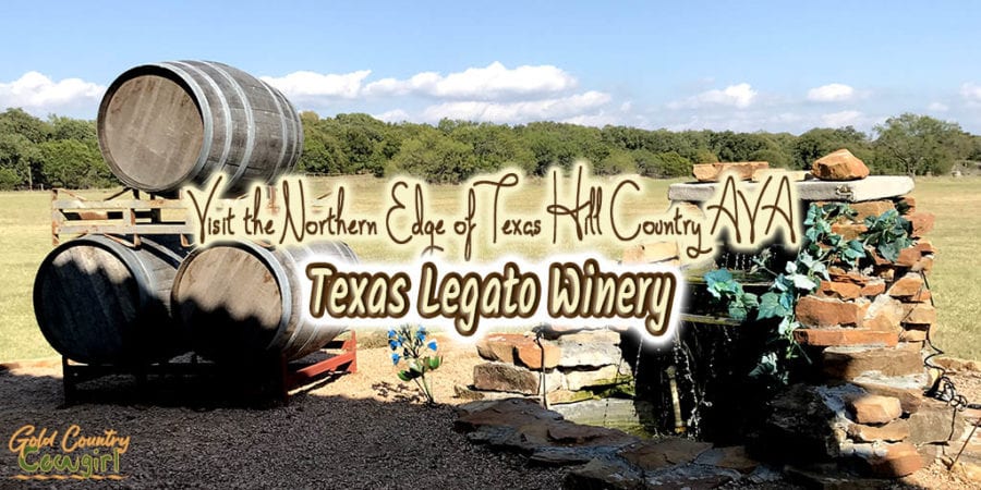barrels and a waterfall in front of large grassy field with text overlay: Visit the northern edge of Texas Hill Country AVA Texas Legato Winery
