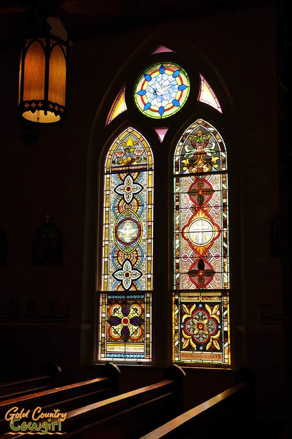 Stained glass windows in St. Mary's in High Hill, one of four painted churches of Schulenburg, Texas