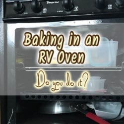 RV oven filled with pans and containers with text overlay: Baking in an RV oven Do you do it?