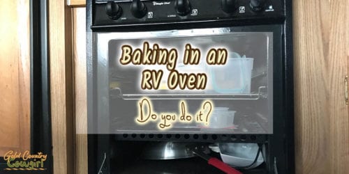 RV oven filled with pans and containers with text overlay: Baking in an RV oven Do you do it?