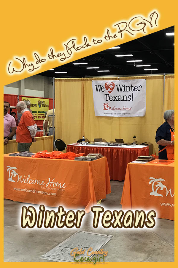 Booth at Winter Texan Expo with text overlay: Why do they flock to the RGV? Winter Texans