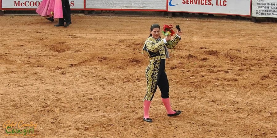 Karla Santoyo celebrating after her first fight at the bloodless bullfight in Texas