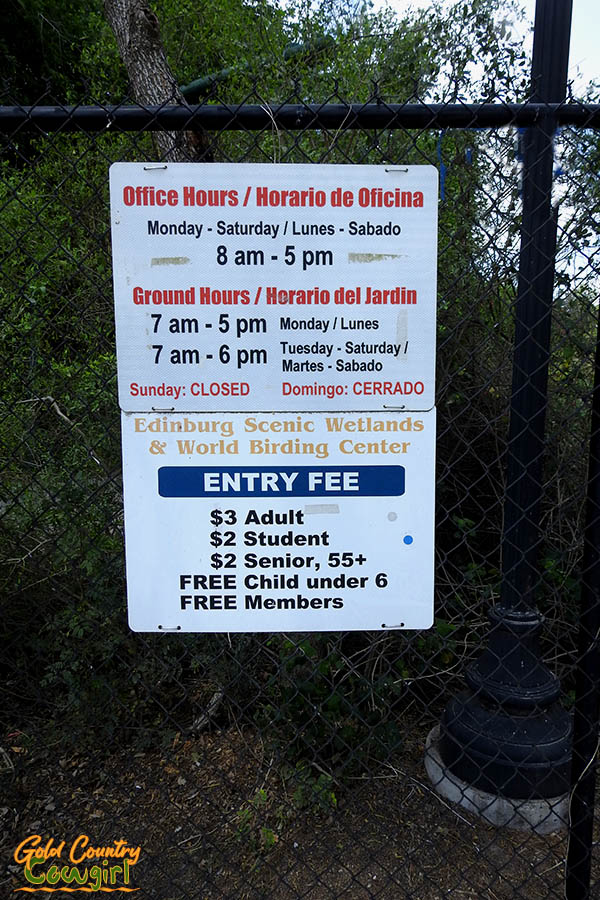 Edinburg Scenic Wetlands and World Birding Center hours and fees sign