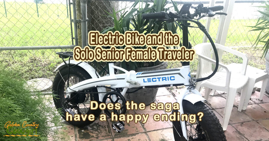 Electric bike with text overlay: Electric Bike and the Solo Senior Female Traveler Does the saga have a happy ending?