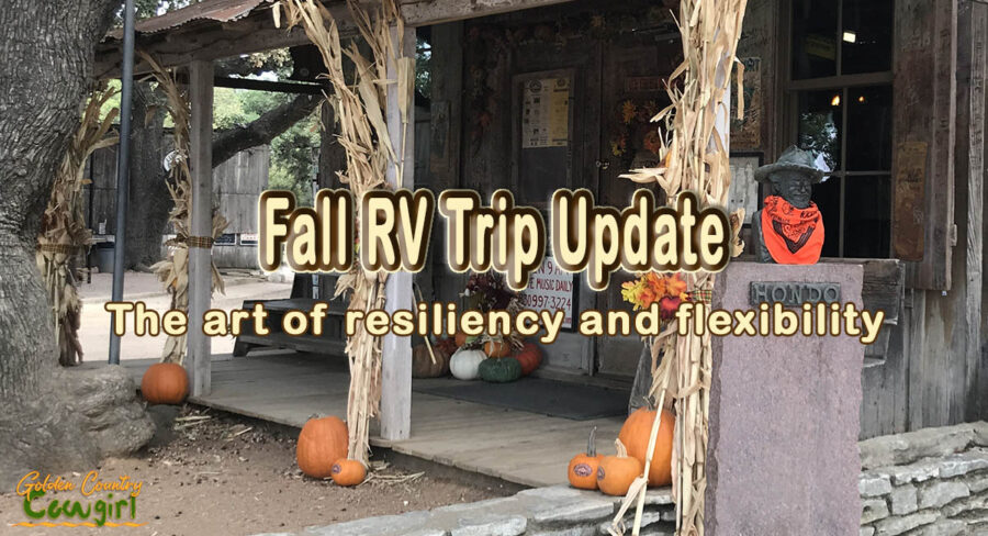 Old building with fall decorations with text overlay: Fall RV Trip Update