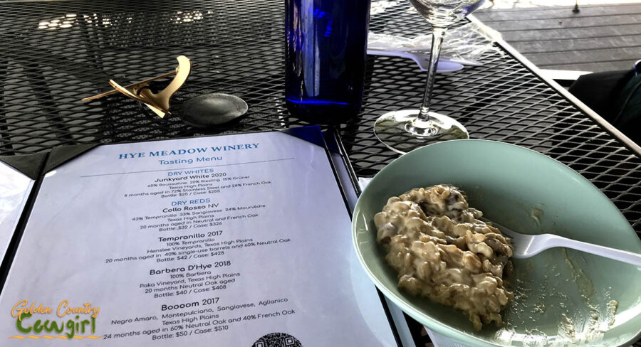 wine menu and mushroom risotto at Hye Meadow Winery in Fredericksburg