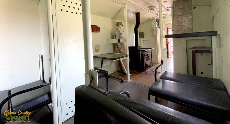 Interior of the caboose at the Lehnis Railroad Museum in Brownwood, Texas